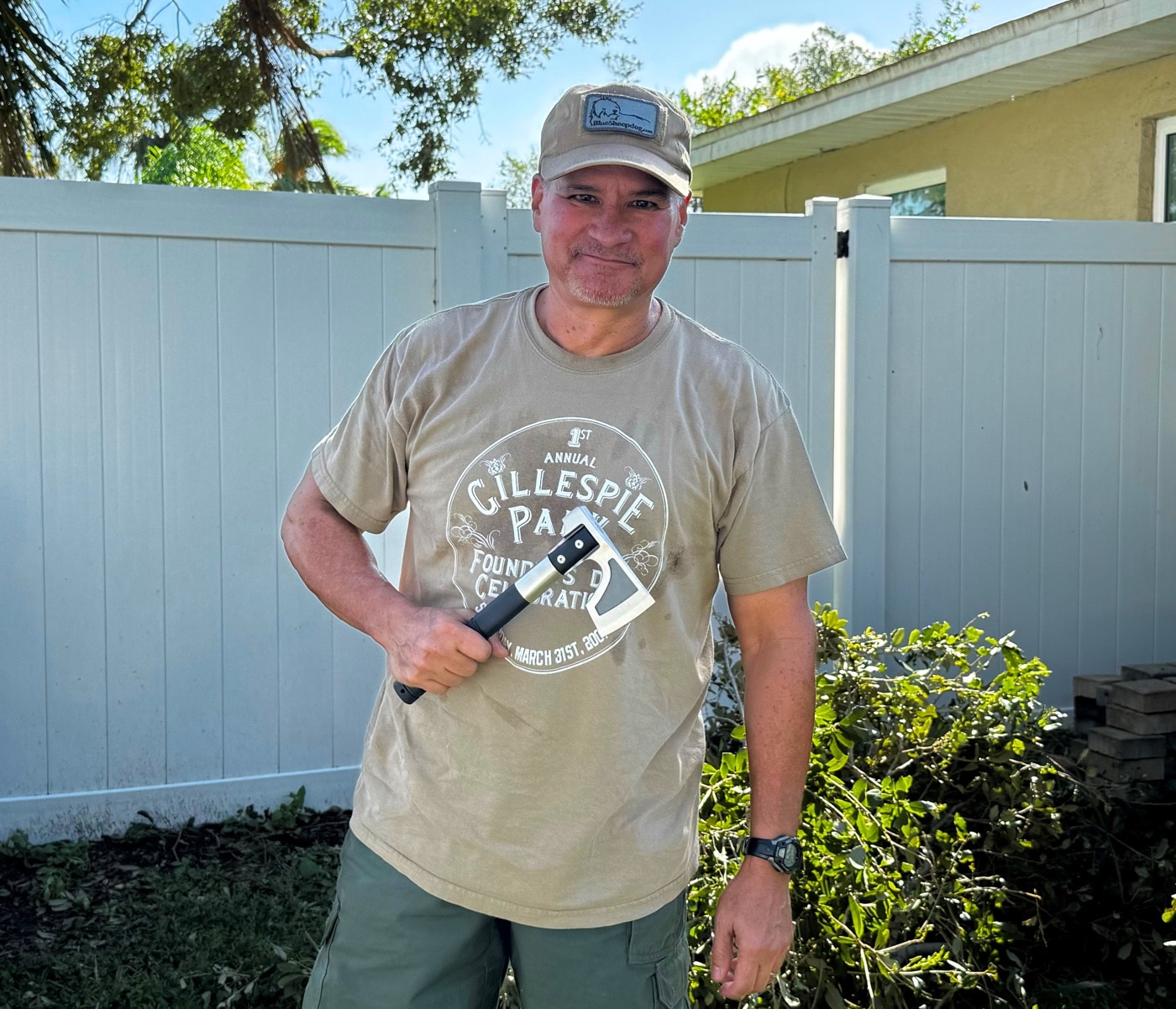 author testing the SOG Camp Axe to remove Hurricane Milton debris