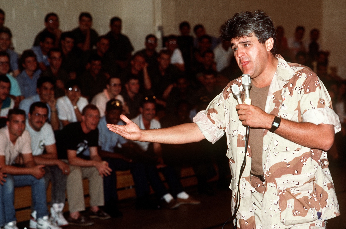 comedian Jay Leno performs for US troops on Thanksgiving during Operation Desert Shield