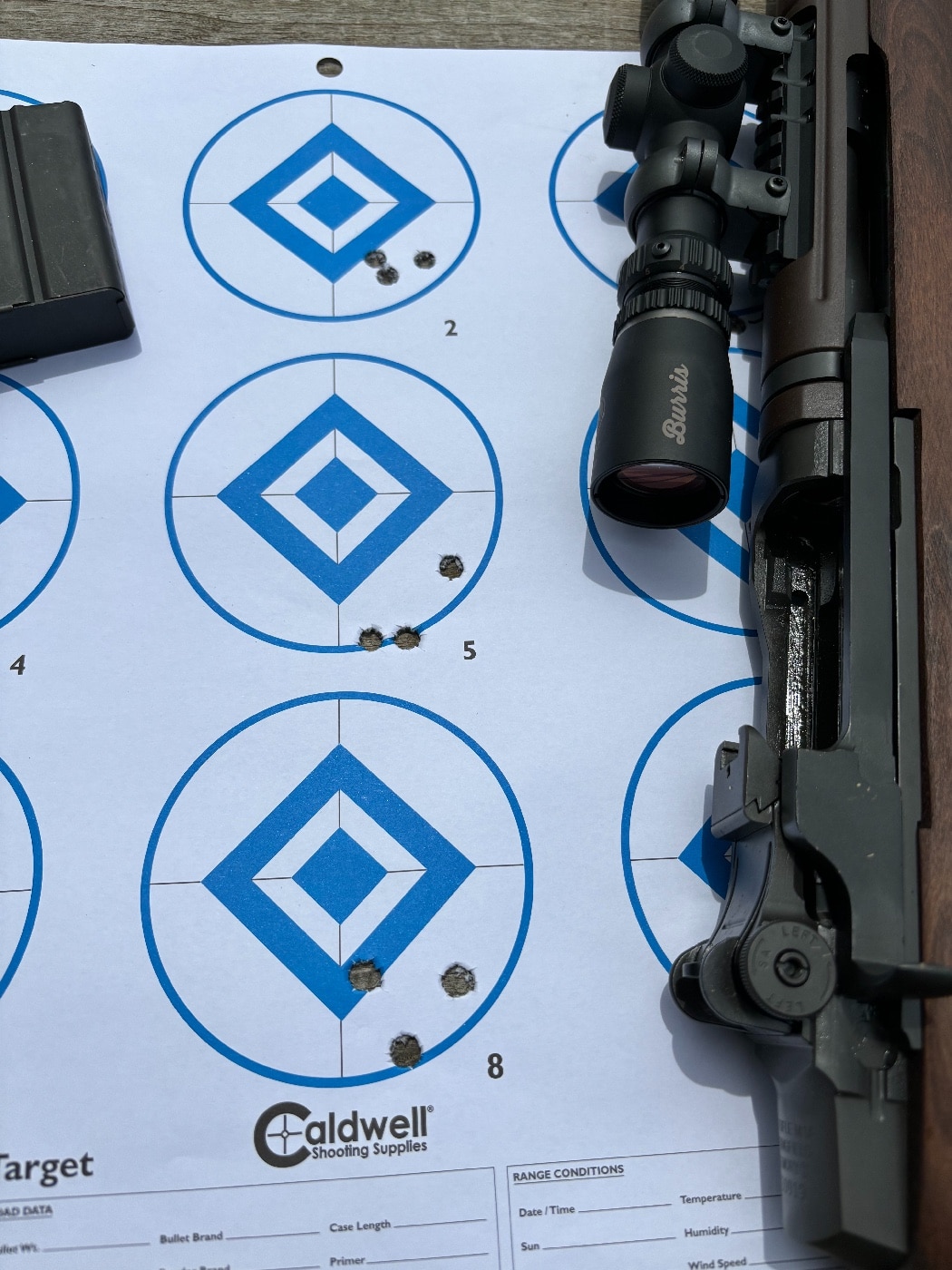 shooting target and M1A rifle being reviewed for accuracy testing