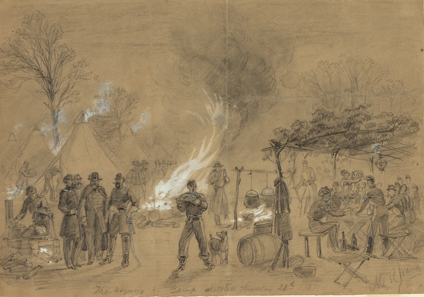 sketch of Thanksgiving dinner in Union Army camp 1861 Civil War