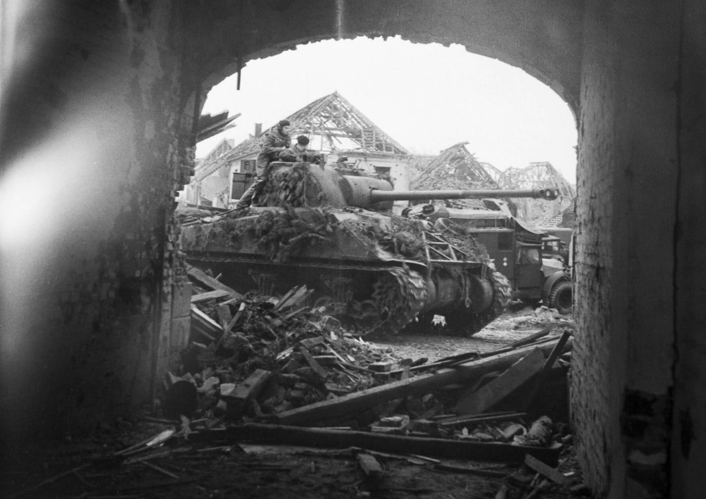 British Sherman Firefly tanks advance through Uedem 1945 World War II