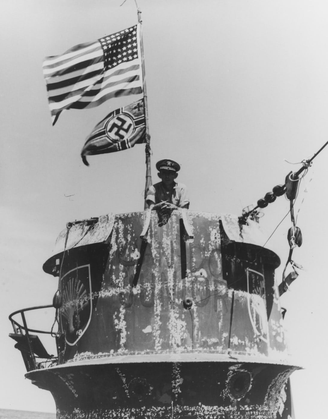 Captain Daniel V Gallery commander of USS Guadalcanal on the conning tower of U-505