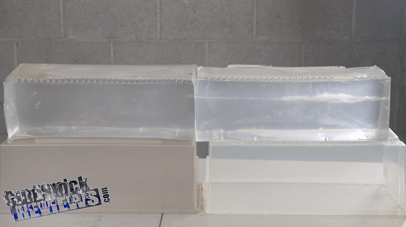 A photograph of the Clear Ballistics gel block used to test the expansion and penetration of Speer Gold Dot G2 9mm bullets. The transparent gel medium allows the bullet’s path and terminal performance to be observed clearly. The testing setup shows the gel block positioned for controlled shooting and measurement. This method is commonly used to simulate human tissue and assess bullet expansion and penetration capabilities. The image highlights the author’s evaluation of the ammo’s performance, focusing on its reliability for self-defense use.