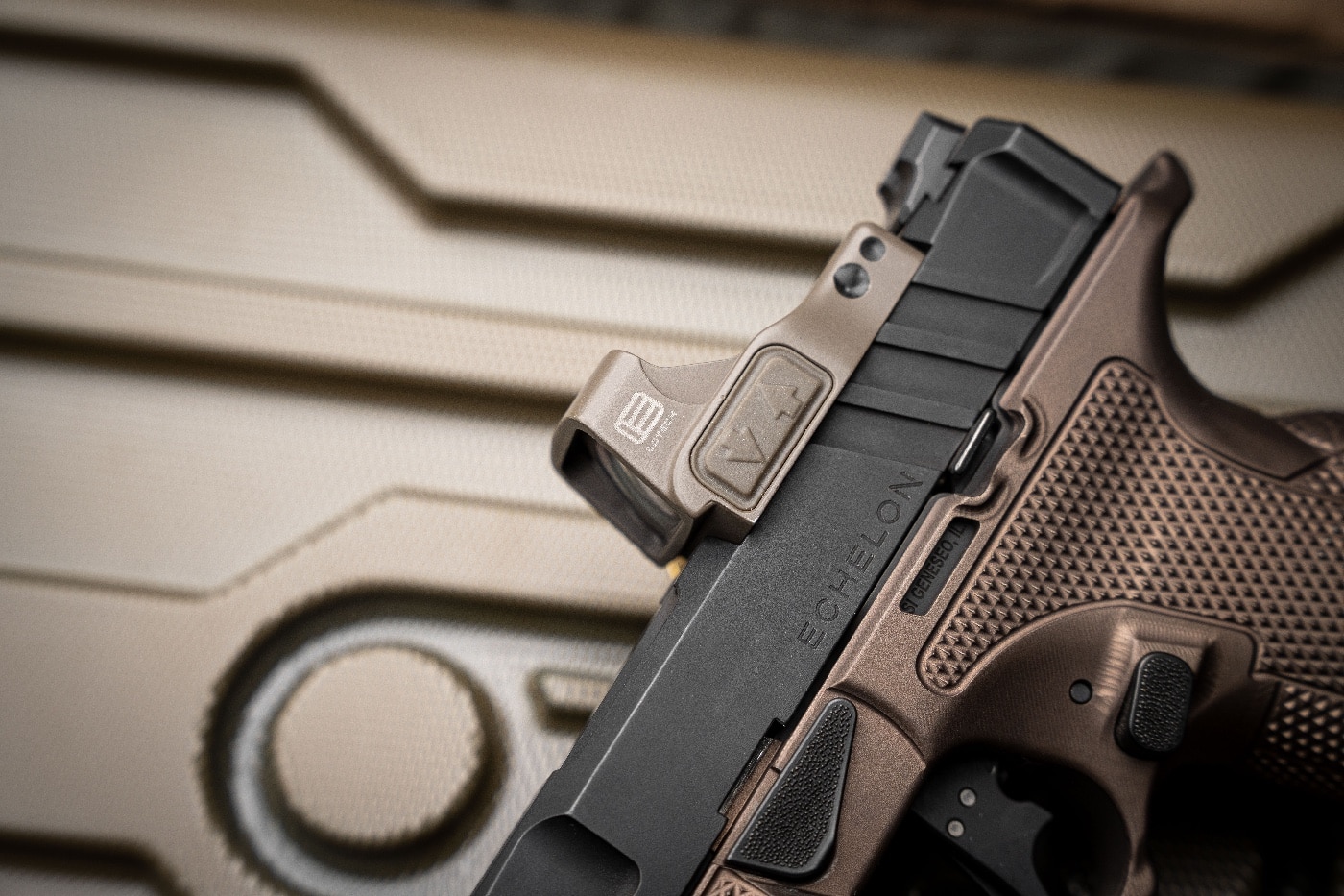 The EOTech EFLX Mini Red Dot optic is shown securely mounted on the slide of a Springfield Armory Echelon pistol. The optic features a large rectangular viewing window, providing a clear and unobstructed field of view. Its top-loading battery design is visible, showcasing the convenience of maintenance without dismounting. The rugged construction of the EFLX aligns seamlessly with the pistol’s modern design, emphasizing durability and precision. This setup demonstrates the importance of reliable optics in enhancing speed and accuracy for advanced shooting applications.