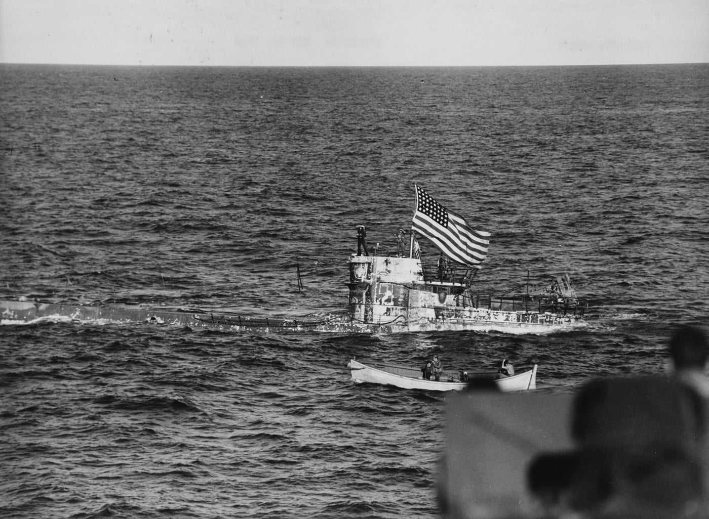 German submarine U-505 after capture in Battle of the Atlantic US flag