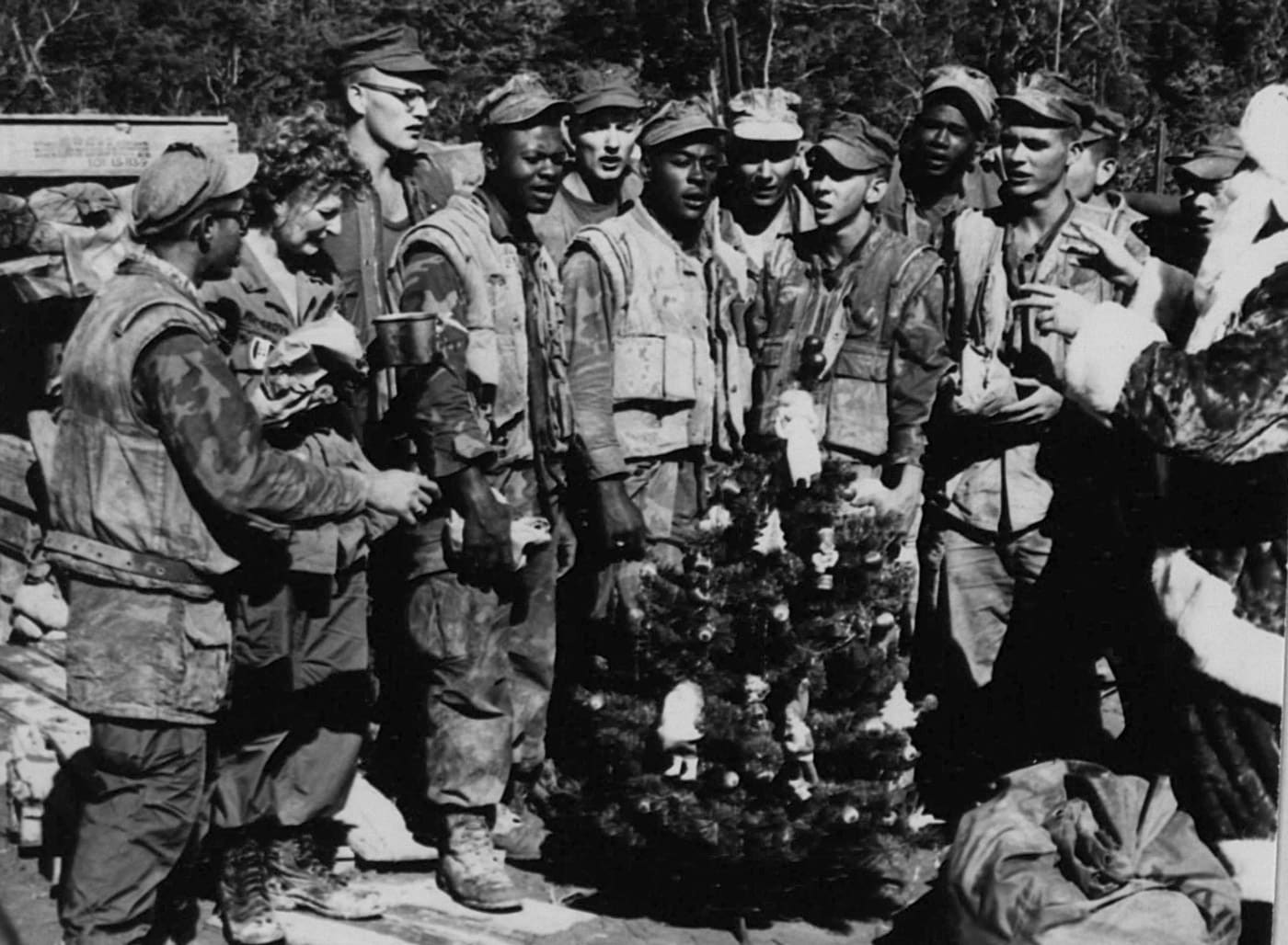 Santa leads Marines in Christmas carols in Vietnam during 1968