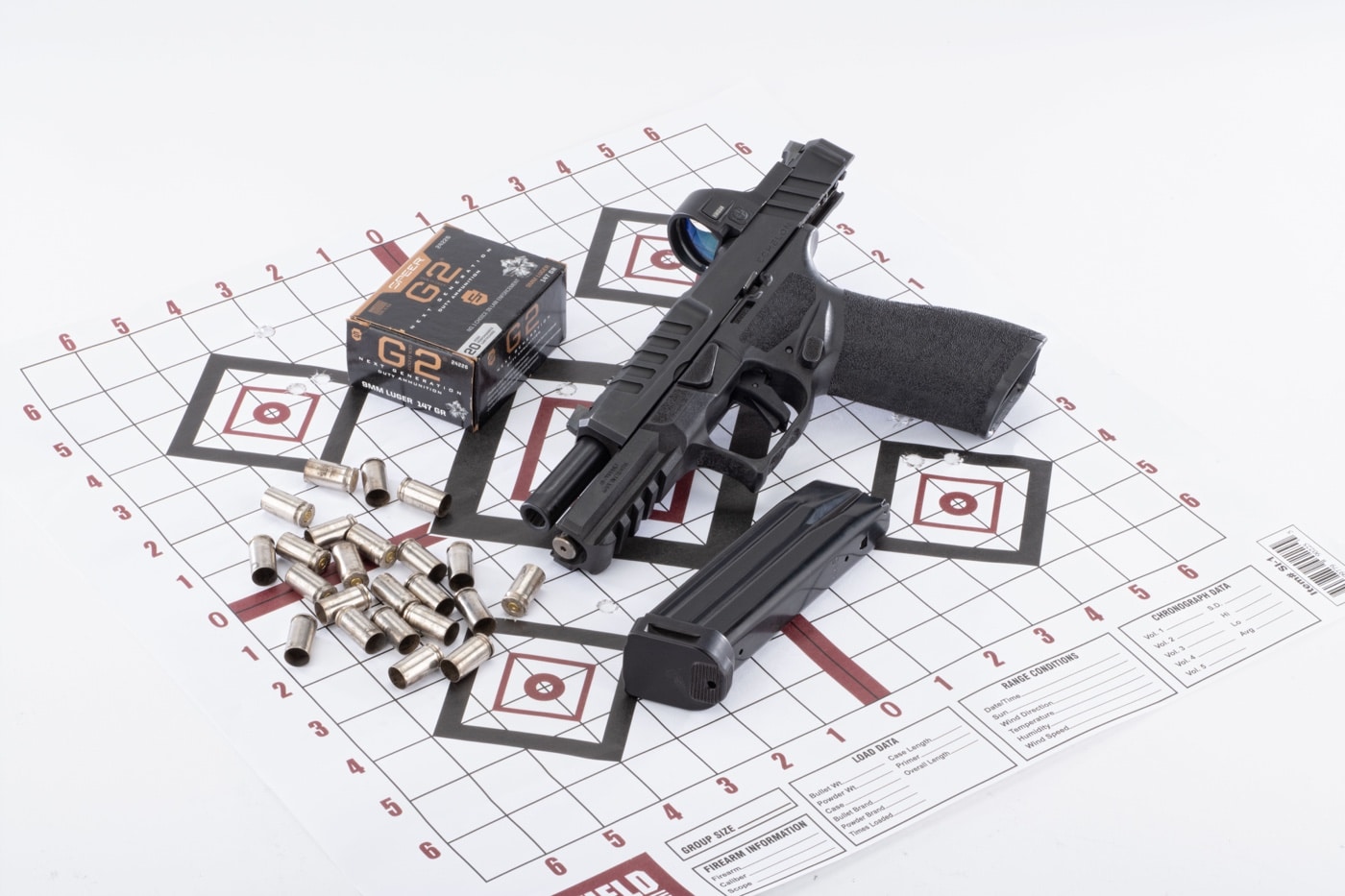 A photograph featuring Speer Gold Dot G2 9mm ammunition and a Springfield Armory Echelon pistol placed on a paper shooting target. The target has multiple bullet holes clustered tightly in the center, indicating consistent shot placement during range testing. The ammunition cartridges, with their nickel-plated casings and hollow points, sit next to the firearm, symbolizing their use in the shooting session. The Springfield Echelon’s sleek frame and ergonomic grip are partially visible, complementing the premium defensive ammunition. The image highlights both the reliability and accuracy of the Speer Gold Dot G2 9mm rounds, tested under real shooting conditions.