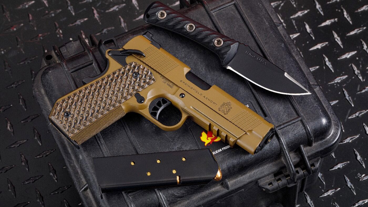 A Springfield Armory 1911 pistol featuring the Carry Contour cut is displayed on a sturdy Pelican carry case. The rounded grip modification is clearly visible, enhancing the firearm's concealability. Next to the pistol is a magazine loaded with full metal jacket (FMJ) ammunition, emphasizing its readiness for use. The scene highlights the blend of practicality and durability in this concealed carry setup.