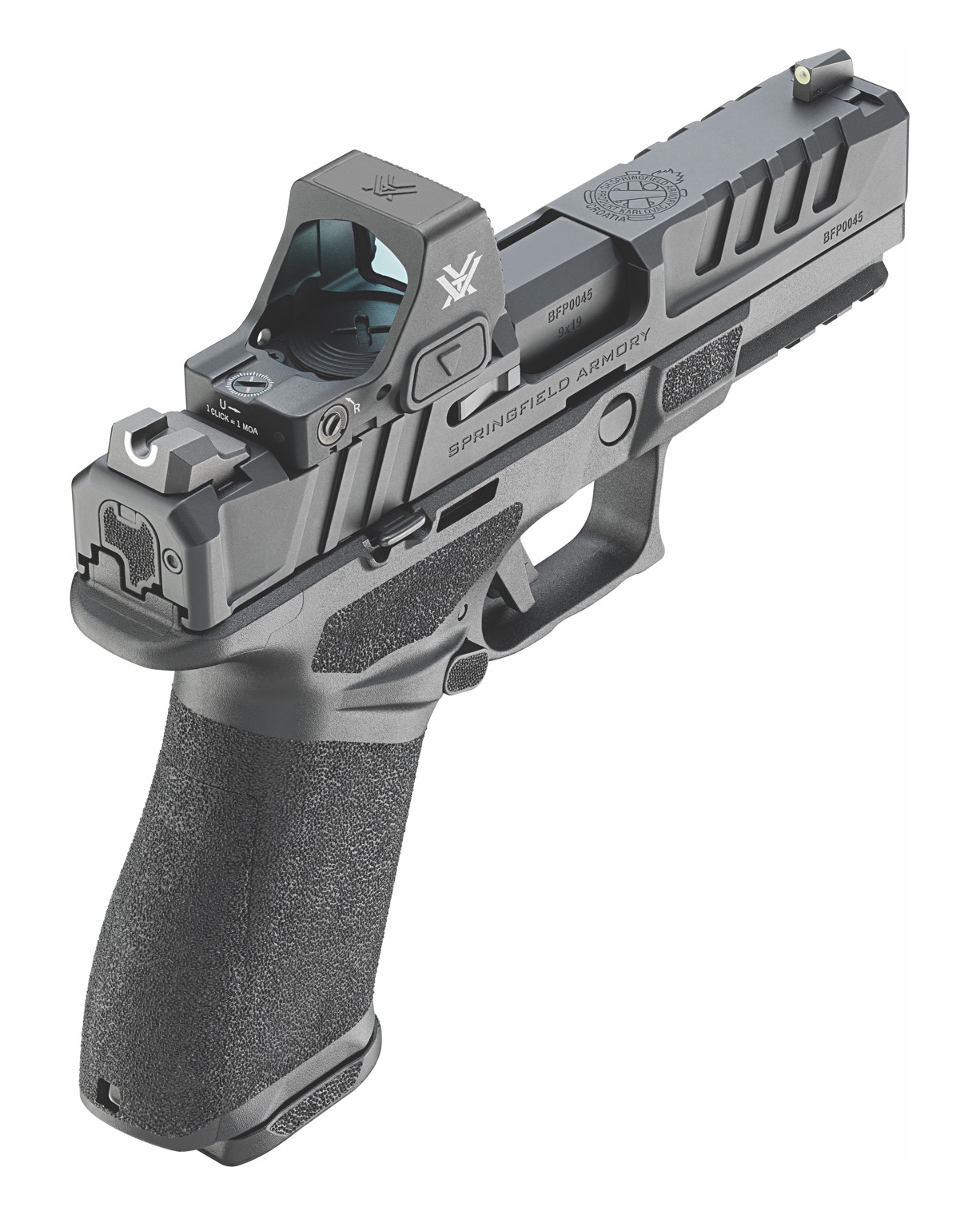 An upright Springfield Armory Echelon 4.0C compact 9mm pistol is shown with a Vortex red dot sight mounted on its Variable Interface System (VIS) slide. The innovative VIS platform provides seamless compatibility with various optics, enhancing versatility and precision. This setup emphasizes the Echelon 4.0C’s modern features, making it a powerful option for both defensive and competitive shooting.