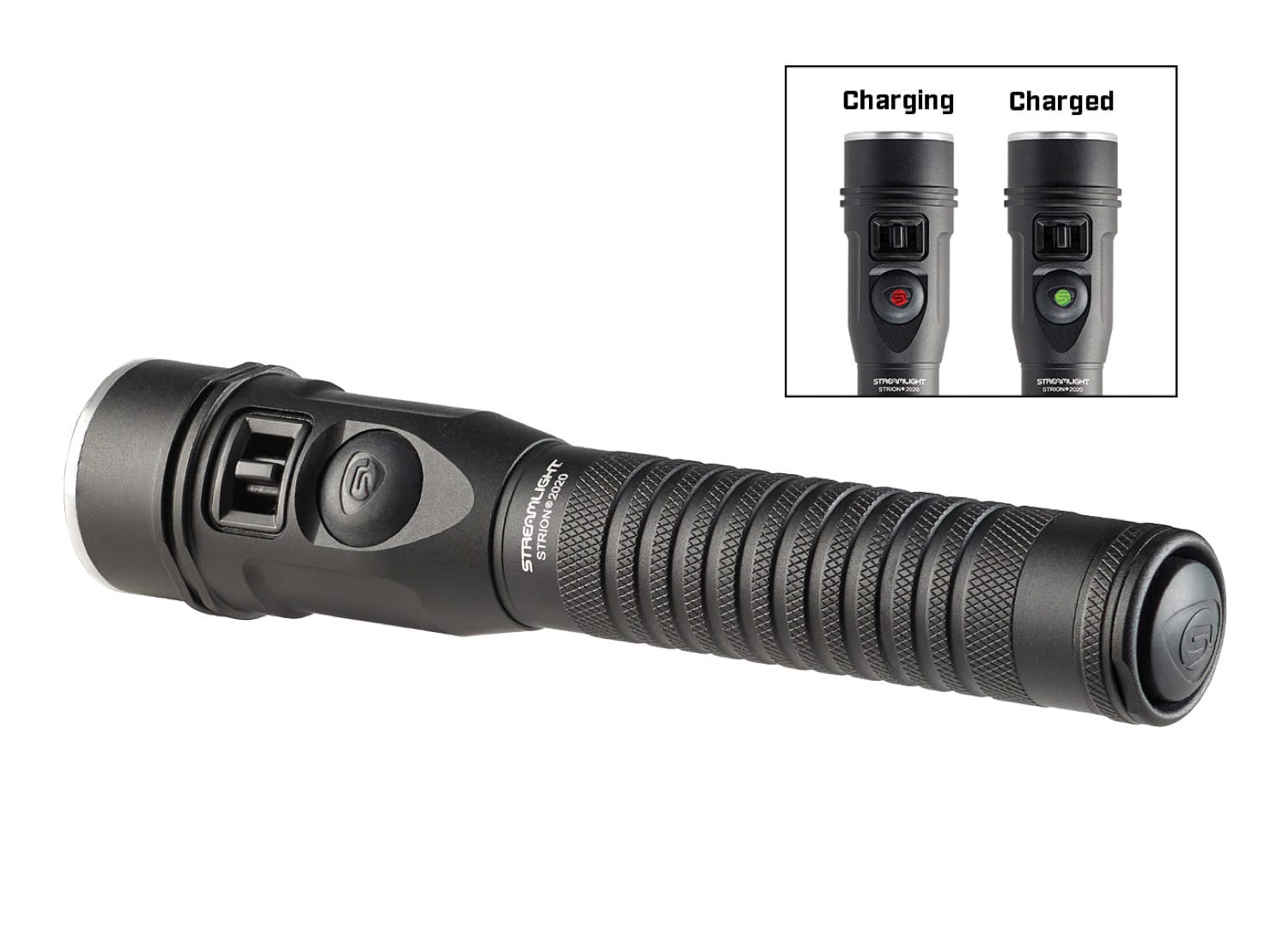 Shown in this photos is the body switch on the Streamlight Strion 2020. This switch contains a  charging indicator. If it is red, the battery is still charging. When the light glows green, the rechargeable battery is full and ready for use.