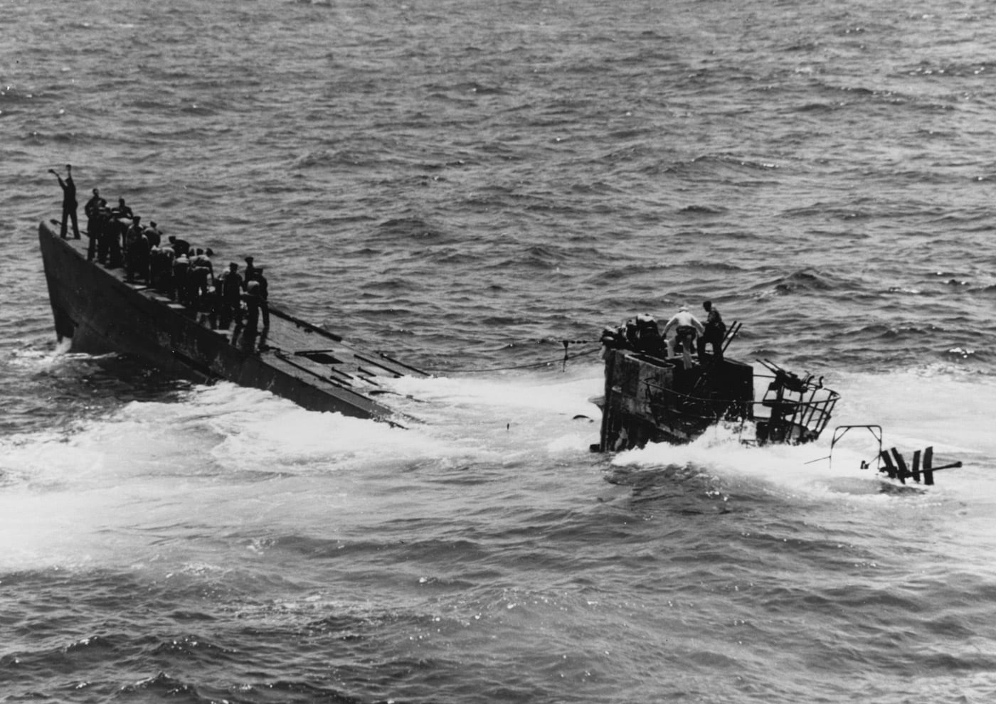 US Navy boarding party takes German submarine U-505 as a prize of war during World War II