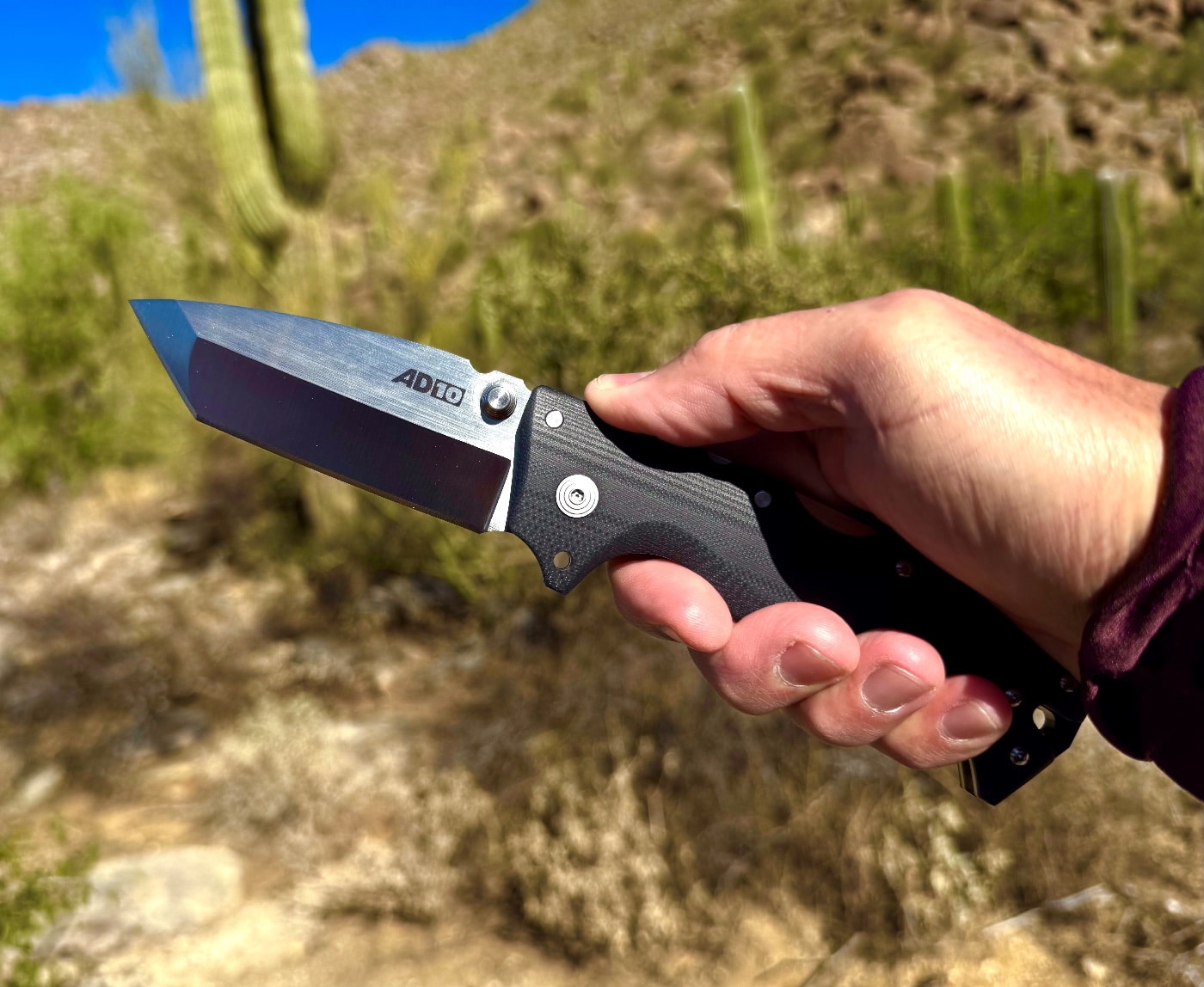 The author holds the Cold Steel AD-10 folding knife during a hike in a desert setting, showcasing its ergonomic handle and reliable grip. The knife's tanto blade is designed for heavy-duty outdoor use, making it ideal for self-defense or utility tasks. The rugged desert backdrop highlights its durability and versatility for real-world applications. This Cold Steel AD-10 review discusses its performance, durability, and best uses for outdoor enthusiasts.