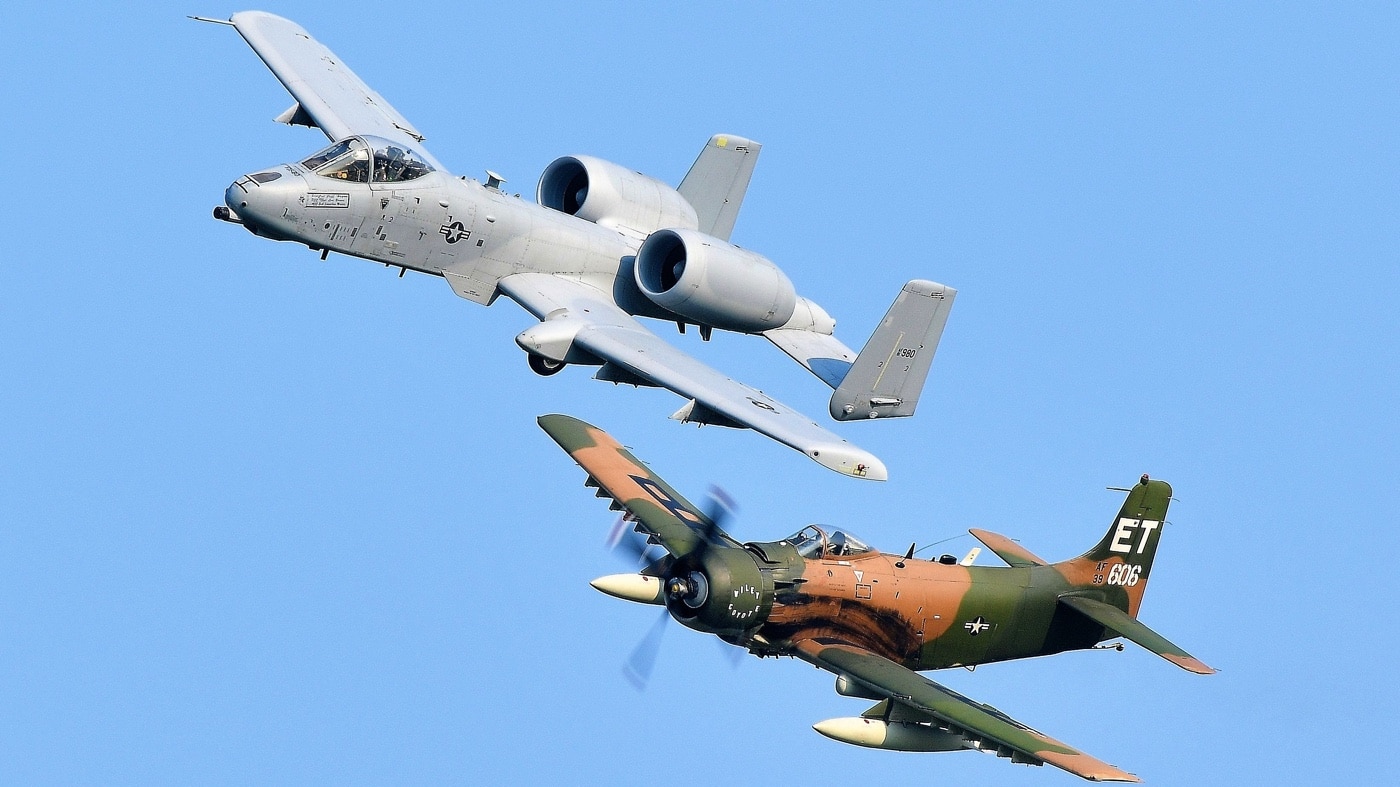 Fairchild Republic A-10 Thunderbolt II and Douglas A-1 Skyraider in flight demonstration