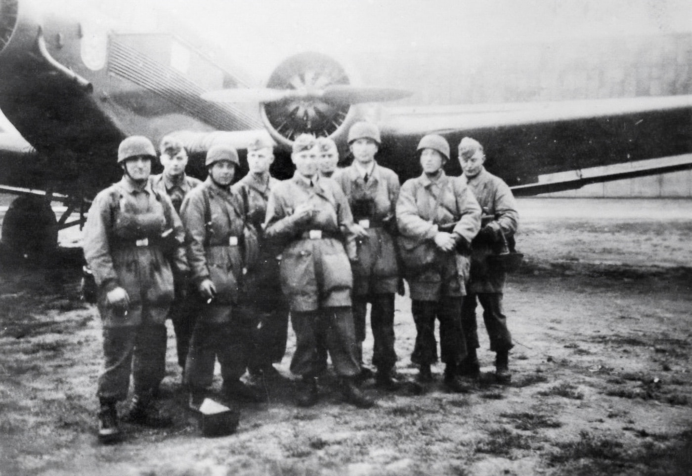 German paratroopers prepare to load onto a Junkers Ju 52 for the invasion of Crete