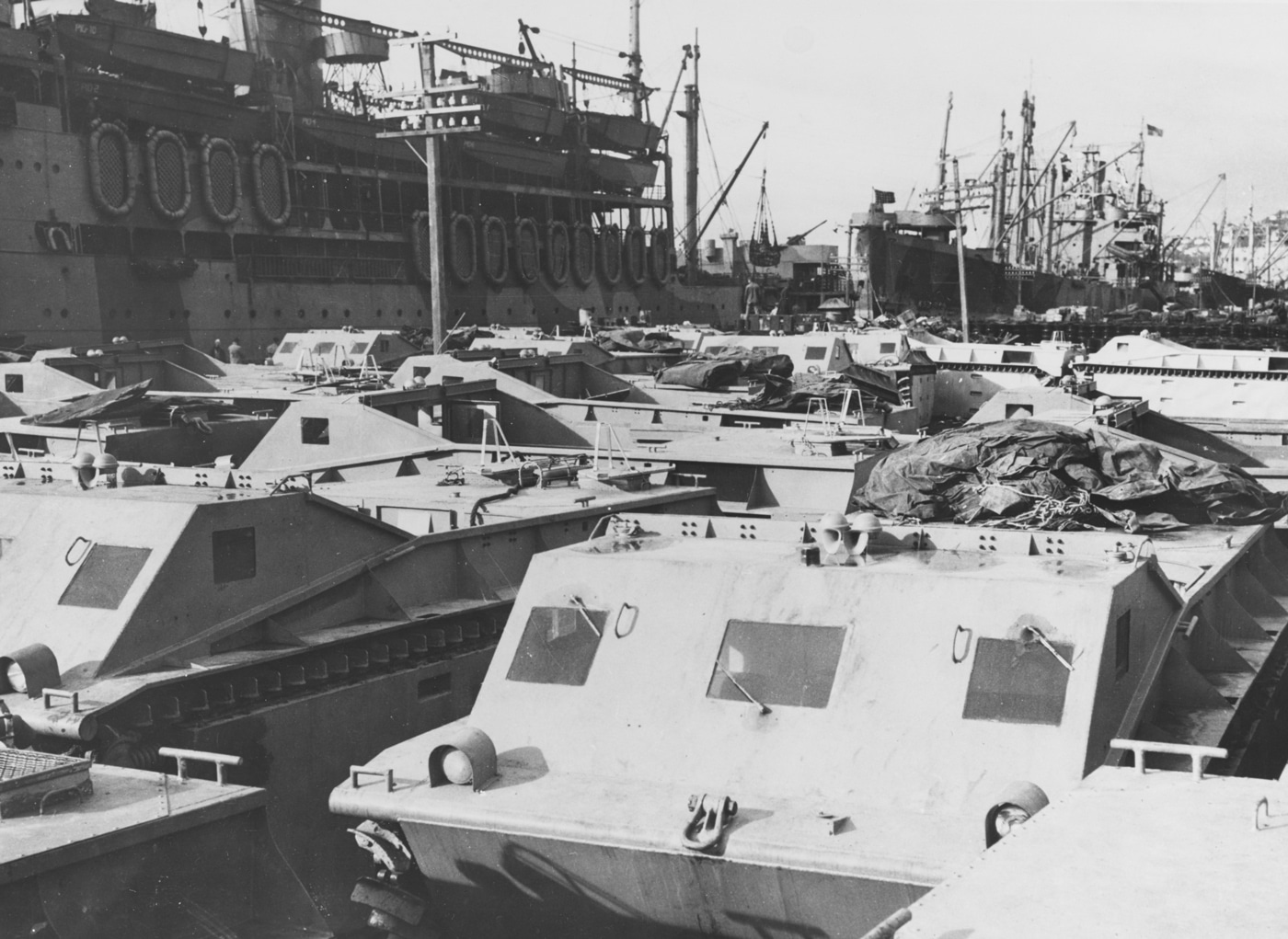 LVT-1 AMTRACs on dock in New Zealand 1942 prepared for Guadalcanal campaign