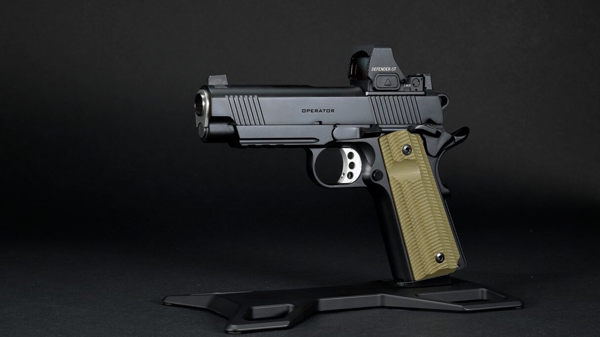 Springfield Armory 1911 Operator AOS pistol chambered for 45 ACP handgun cartridge