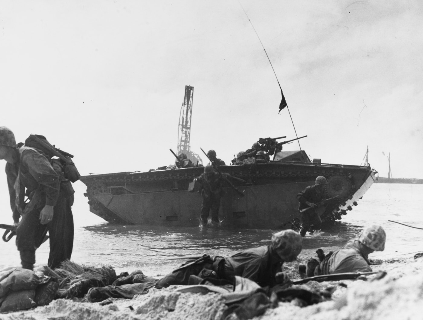 US Marines exit a LVT-2 on Namur Island in Kwajalein Operation 1944