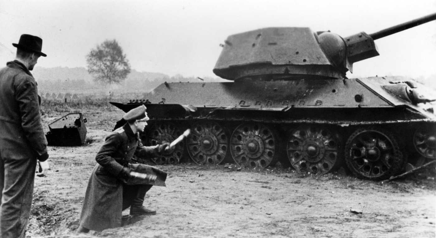 Volkssturm training to take out Soviet Union tank T-34