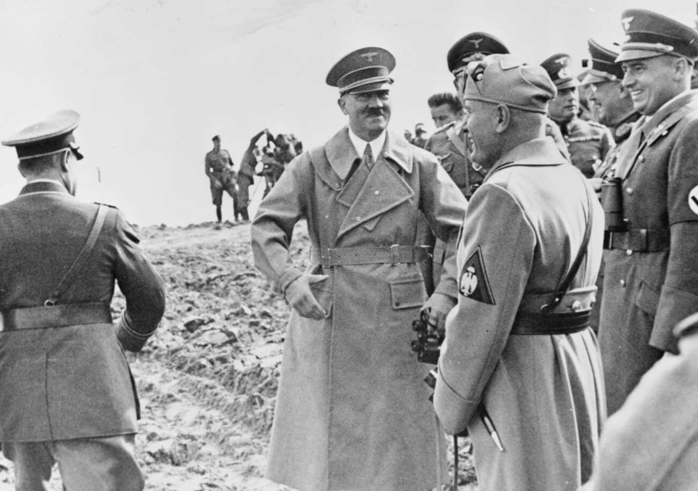 Adolph Hitler and Benito Mussolini observing military maneuvers in 1937