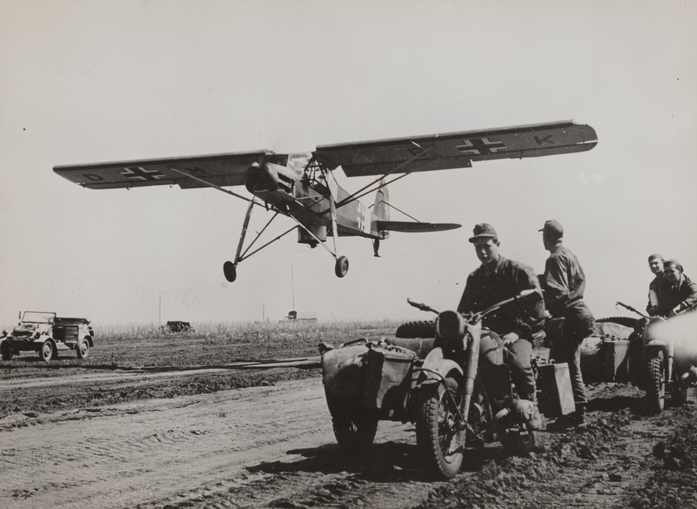 Fieseler Fi 156 airplane landing on the Russian Front during World War II