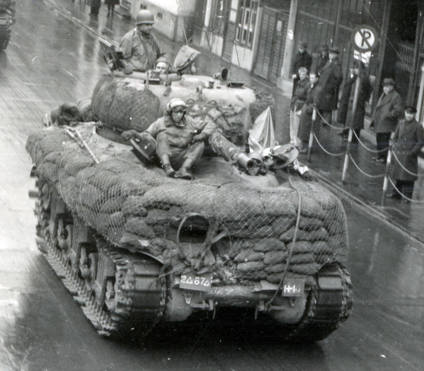 M4 Sherman of 2nd Armored Division with sandbag armor