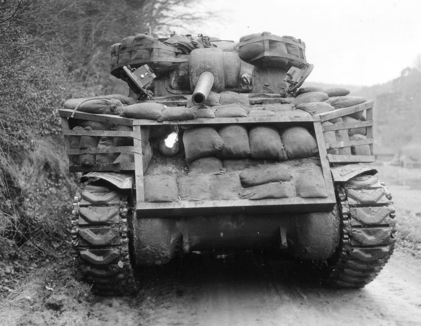 M4 Sherman tank with flamethrower and sandbag armor