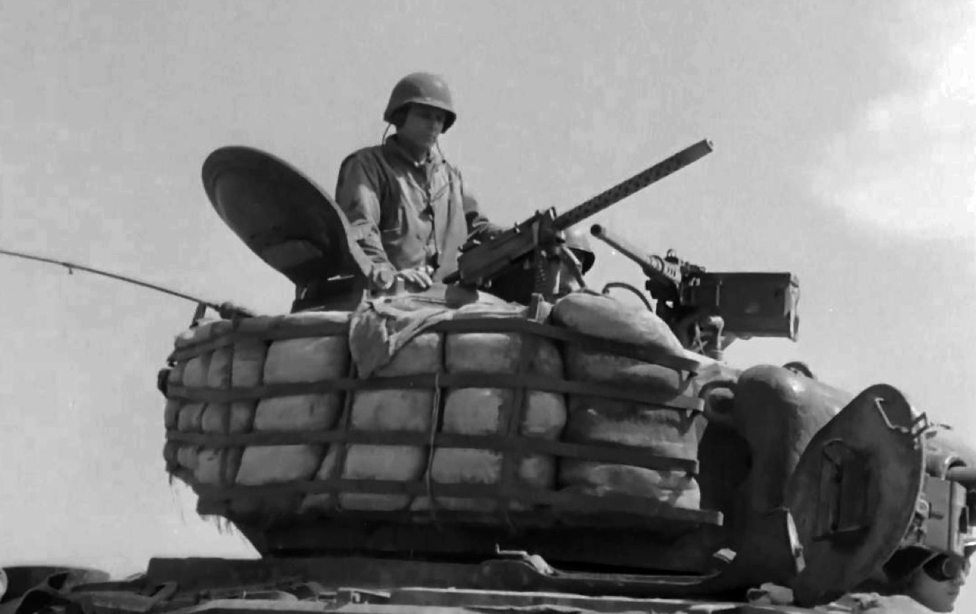 M4 Sherman tank with sandbags and relocated M2 Browning machine gun