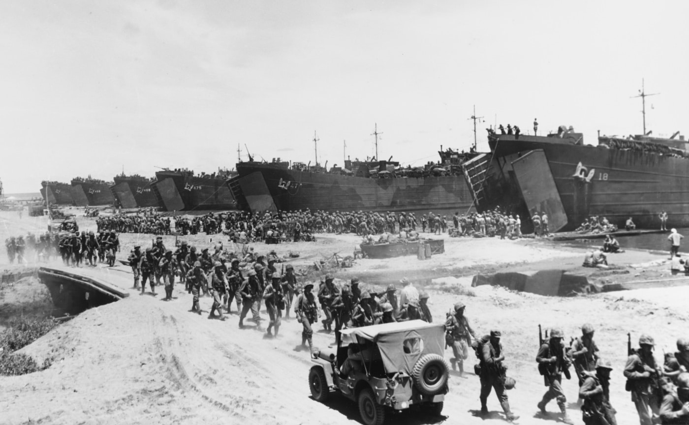 Marines load onto LSTs to invade Cape Glouster in 1943