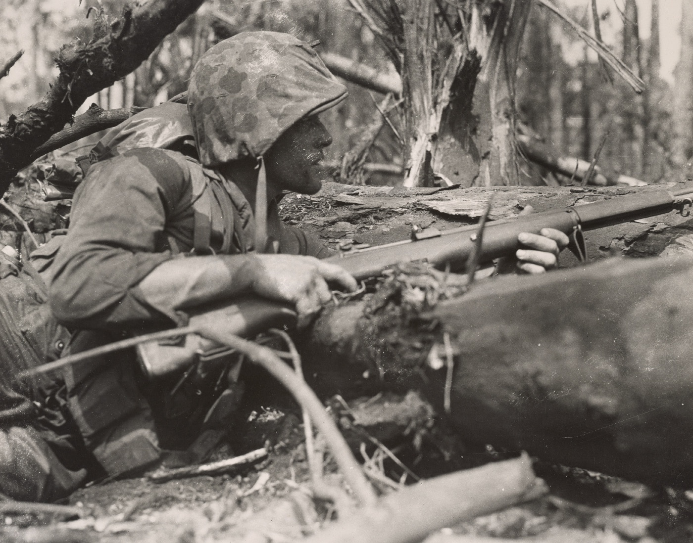 Pfc Kenneth Crowley with M1 Garand on Cape Gloucester