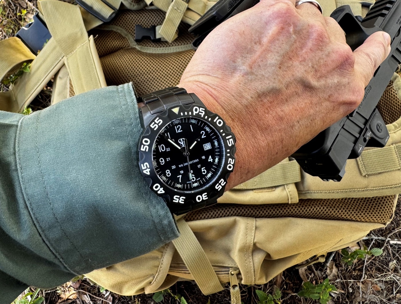 SWAT team member wearing Smith & Bradley watch