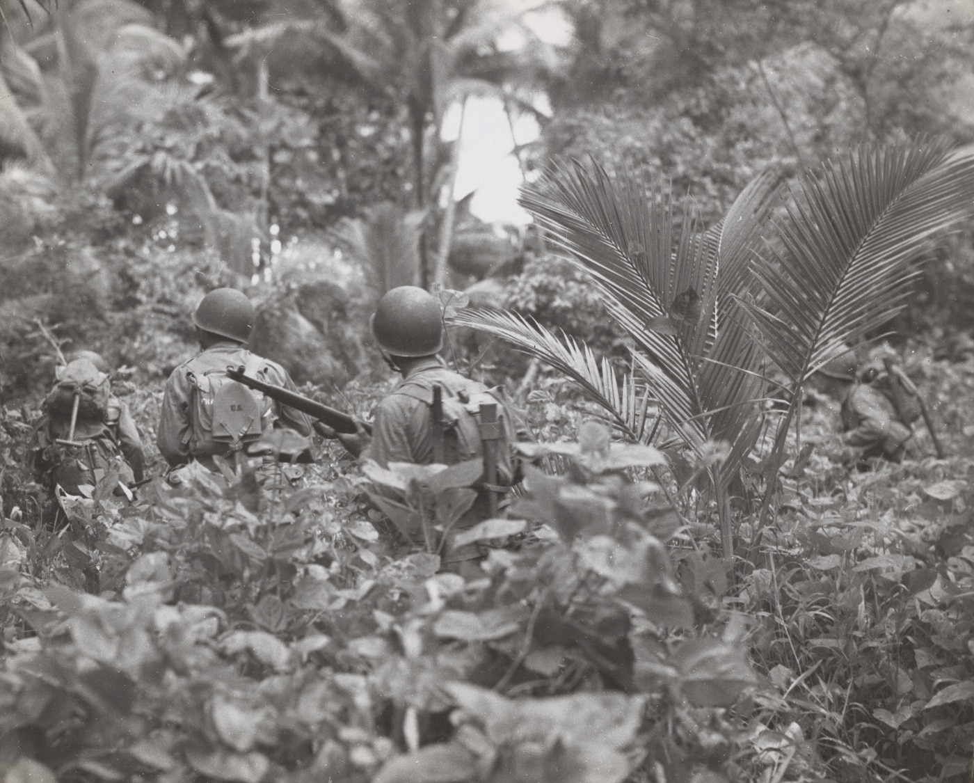 US Marines move through thick jungle to engage the Japanese