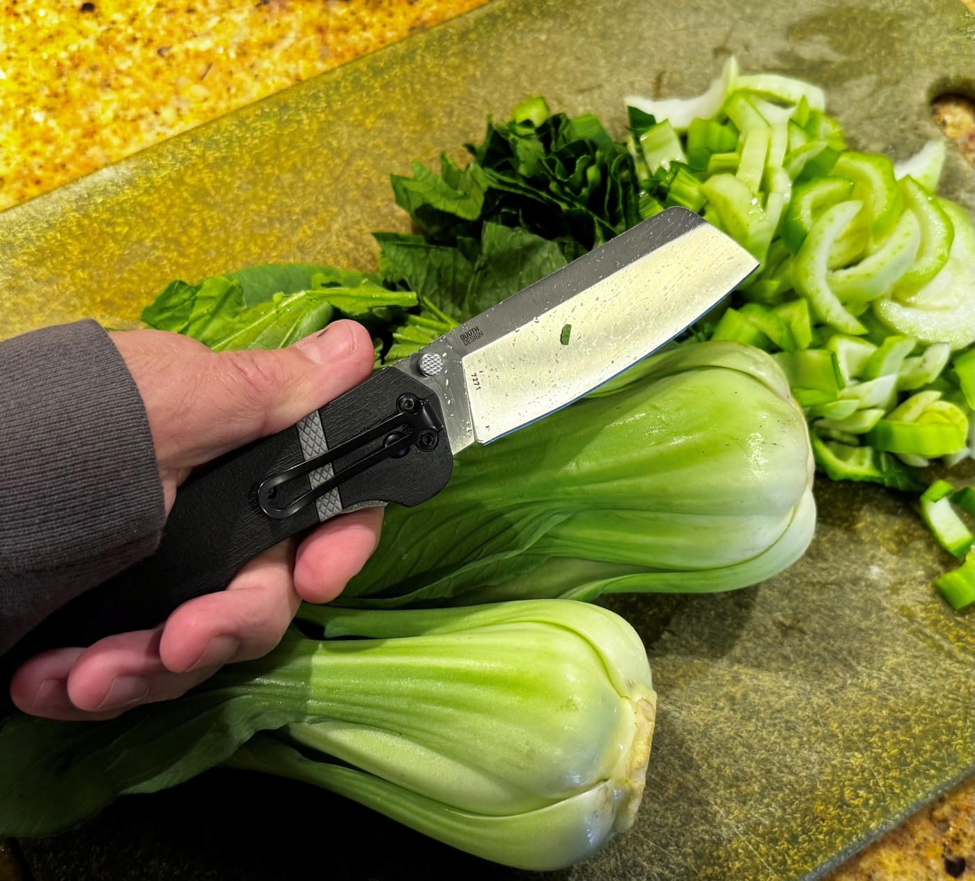 chopping vegetables with the CRKT Ripsnort II knife with cleaver blade