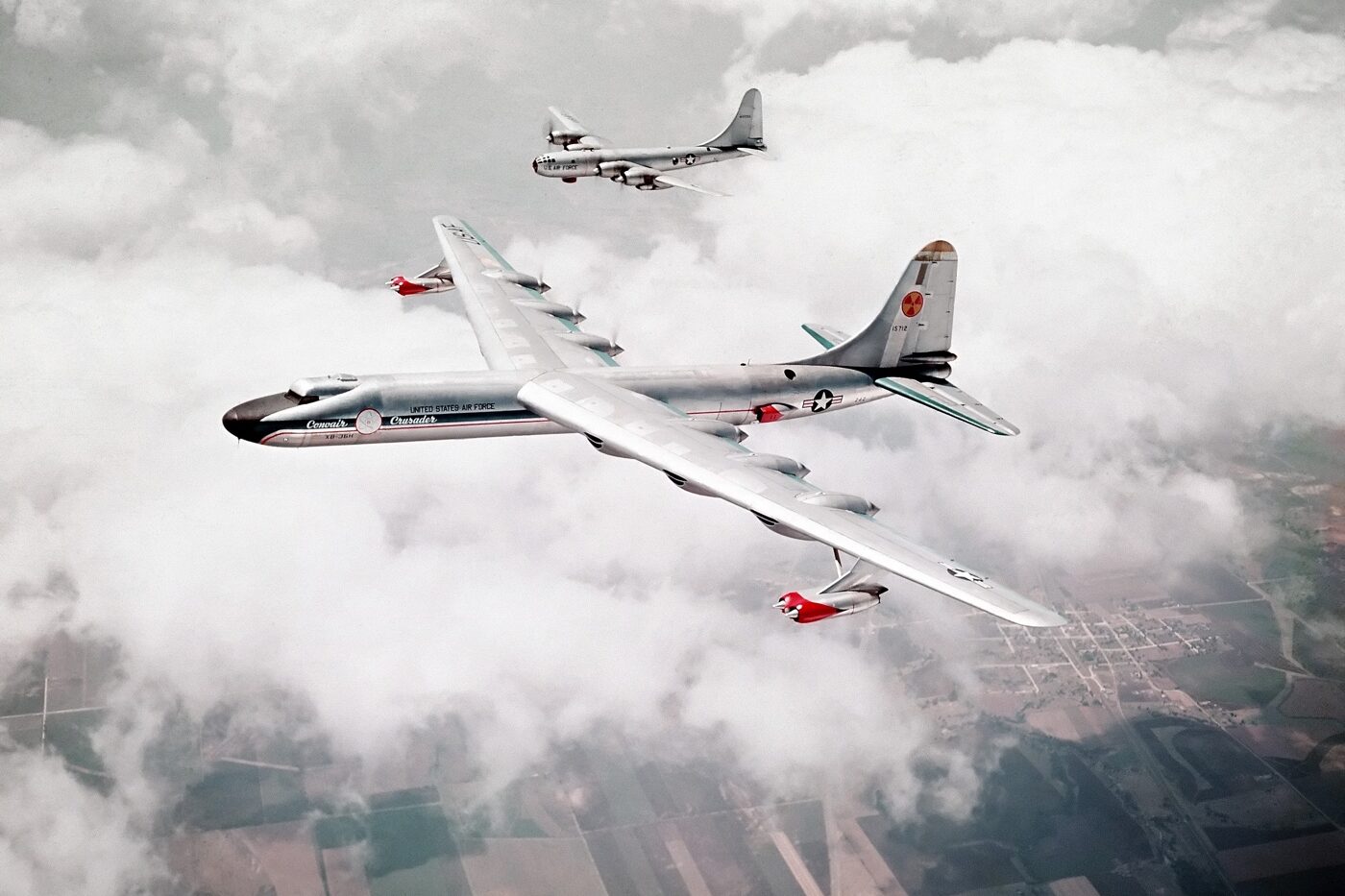 Convair NB-36H in test flight with Boeing B-50 Superfortress in formation An air-to-air view of the Convair NB-36H Peacemaker experimental aircraft (s/n 51-5712) and a Boeing B-50 Superfortress chase plane during research and development taking place at the Convair plant at Forth Worth, Texas (USA). The NB-36H was originally a B-36H-20-CF damaged at Carswell Air Force Base, also at Forth Worth, by a tornado on 1 September 1952. This plane was called the Nuclear Test Aircraft (NTA) and was redesignated XB-36H, then NB-36H, and was modified to carry a three megawatt, air-cooled nuclear reactor in its bomb bay. The reactor, named the Aircraft Shield Test Reactor (ASTR), was operational but did not power the plane. The NTA completed 47 test flights and 215 hours of flight time (during 89 of which the reactor was operated) between July 1955 and March 1957 over New Mexico and Texas. This was the only known airborne reactor experiment by the USA with an operational nuclear reactor on board. The NB-36H was scrapped at Fort Worth in September 1958 when the Nuclear Aircraft Program was abandoned.          Image: U.S. Air Force