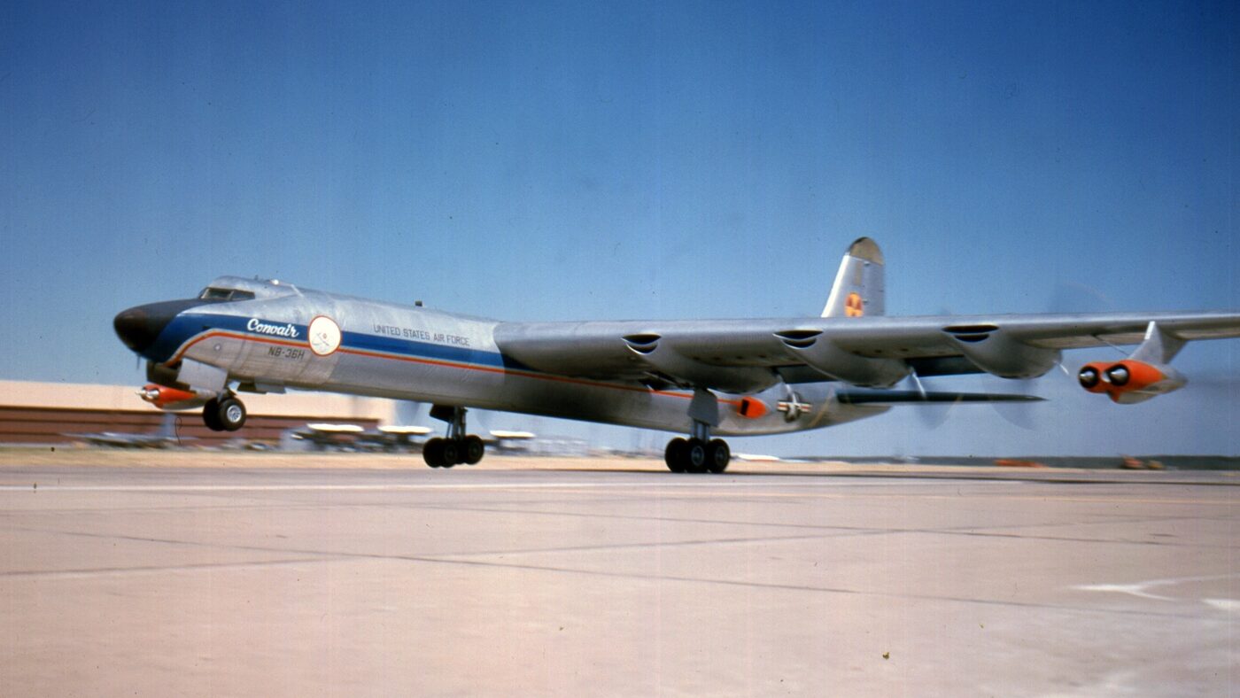 Convair NB-36H nuclear powered bomber during take off